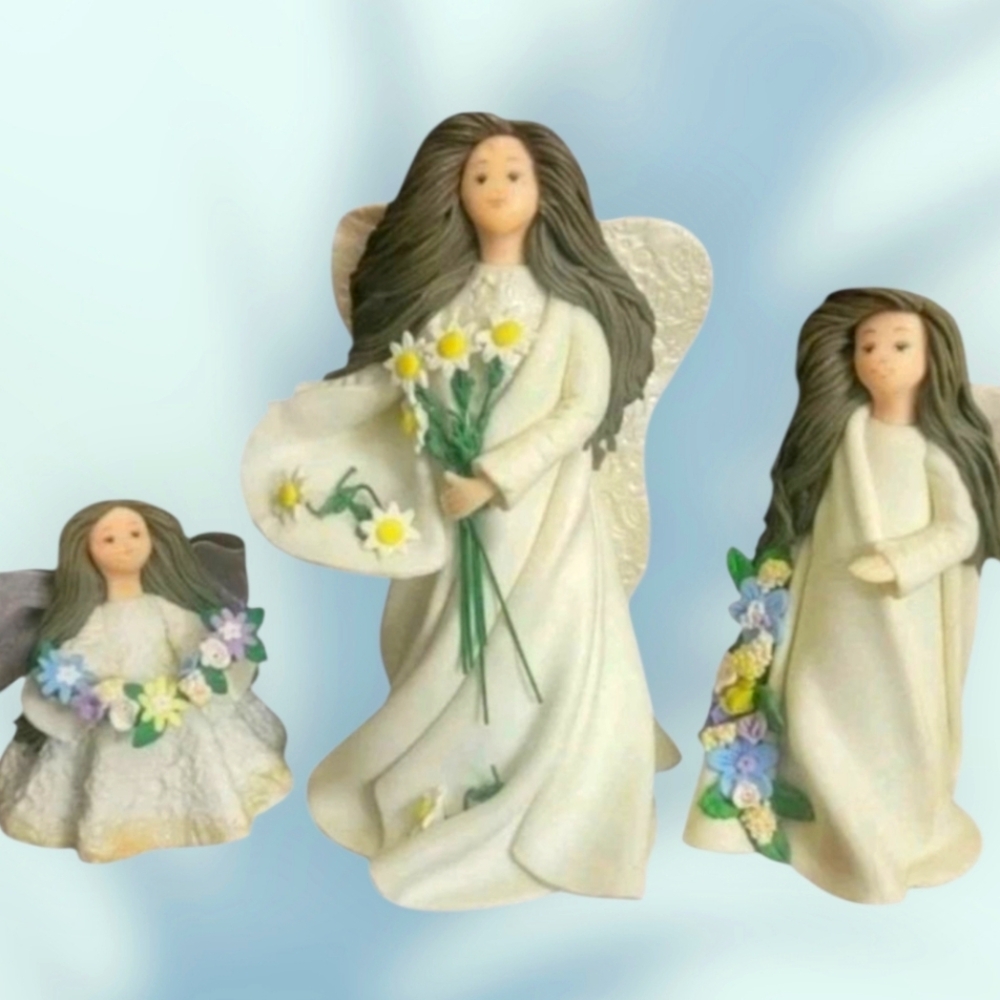 Set of 3 Handmade Kneeded Angels of Friendship, Floral Pattern Feminine Grace